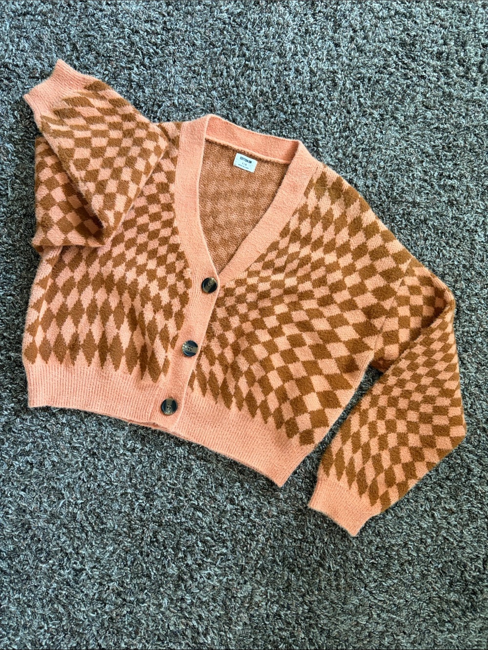 Cotton On Orange Checkered Crop V-Neck Button Front Sweater Cardigan, Size Large